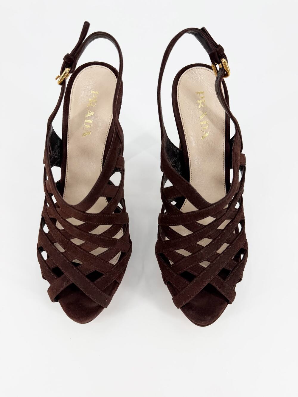 Prada Moro Chocolate Brown Suede Caged Platform Slingback Heels 37.5 EU 7.5
